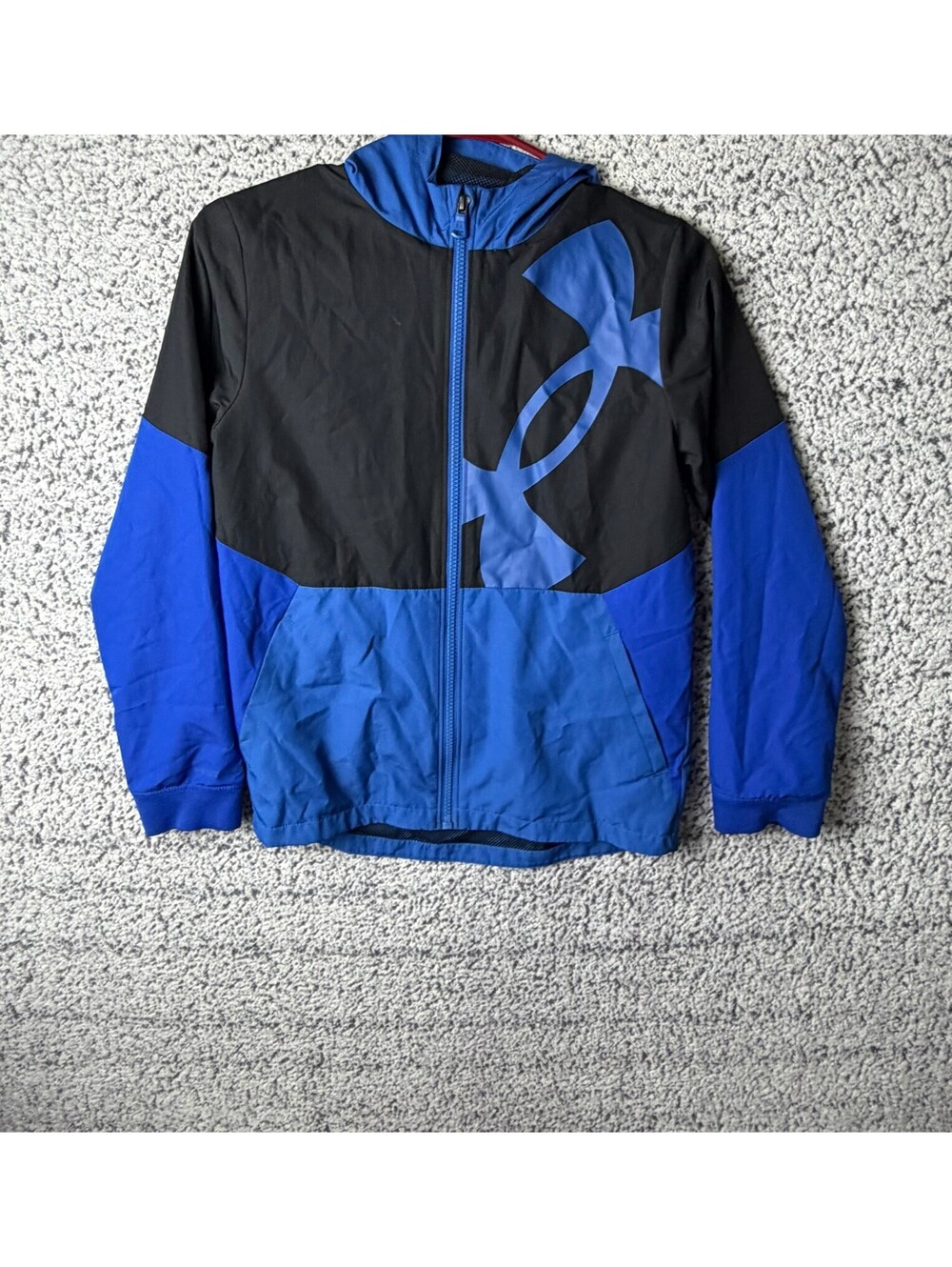 Under Armour Boys Youth Medium Windbreaker Jacket Blue Black Hooded Full Zip